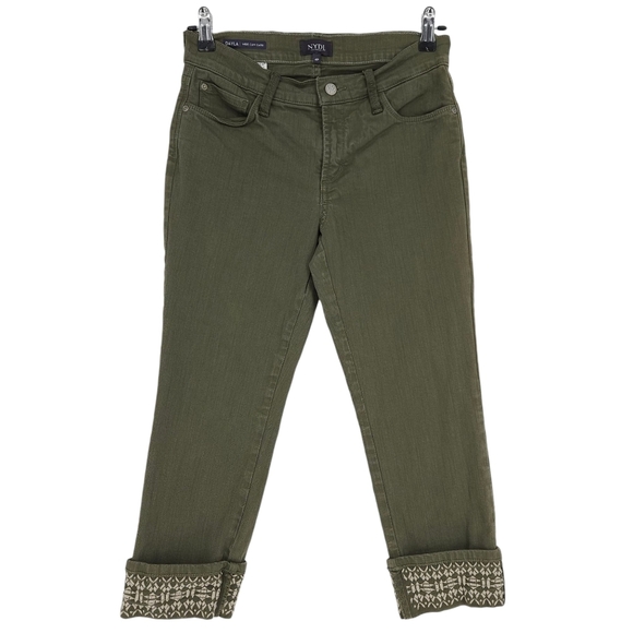 NYDJ Dayla Wide Cuff Capri Jeans Olive Green Embroidered Denim Petite 4P - Picture 1 of 9